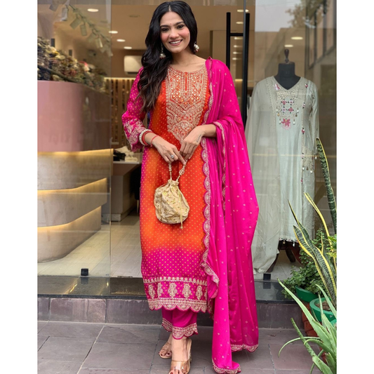 Ombre Pink and Orange Silk Jaipuri Kurta Set