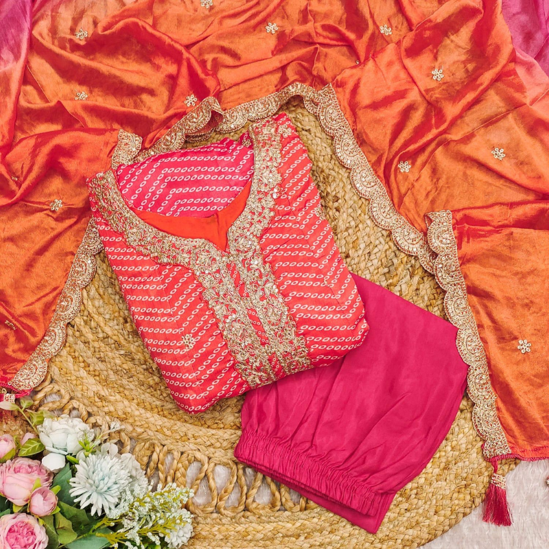 Ombre Pink and Orange Silk Jaipuri Kurta Set