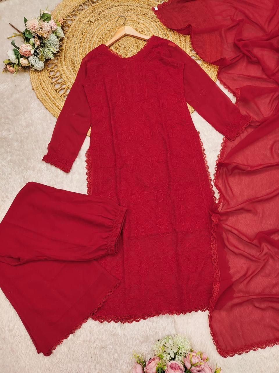 Classic Red Embroidered Kurta Set