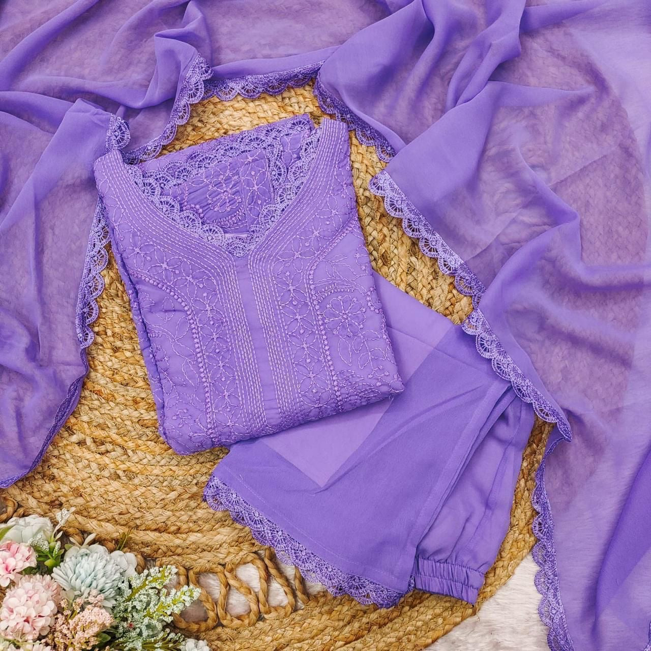 Dreamy Lavender Embroidered Kurta Set