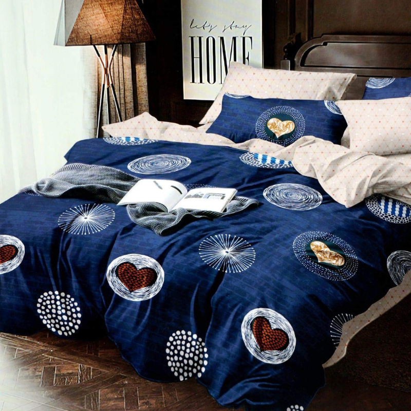 Heart Printed Blue Cotton Double Bedsheet