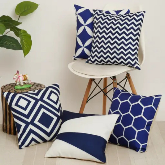 Blue & White Geometric Cotton Cushion Covers (Set of 5)