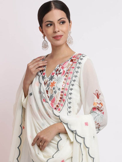 White Embroidered Kurta Set With Dupatta