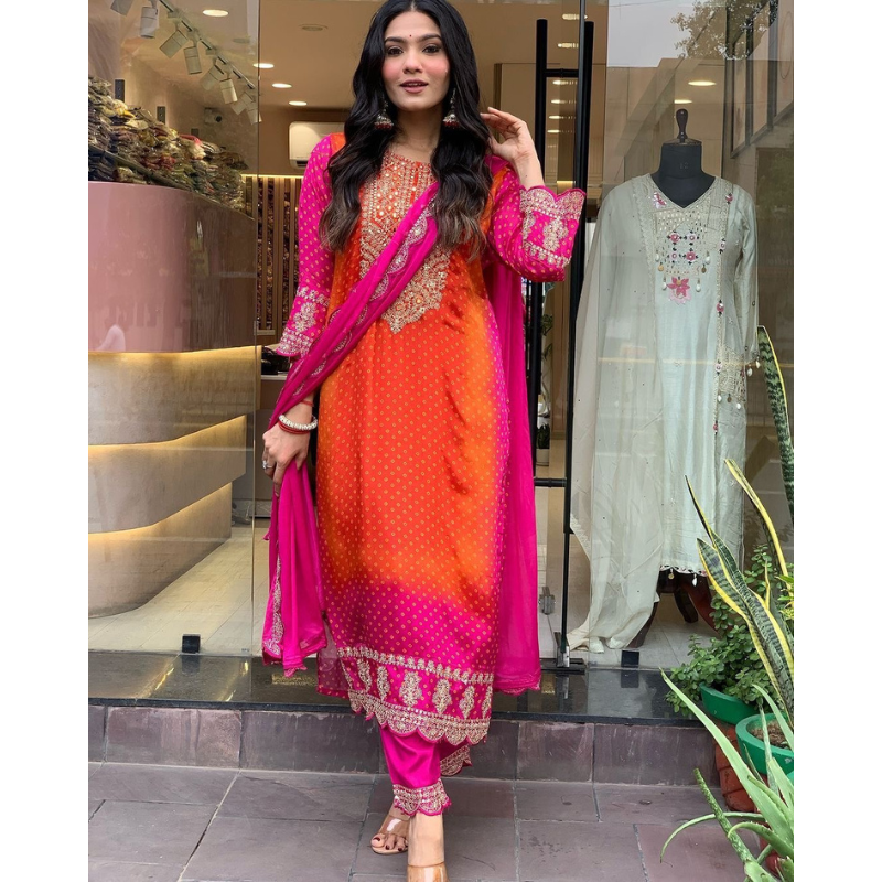 Ombre Pink and Orange Silk Jaipuri Kurta Set