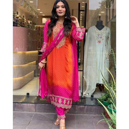 Ombre Pink and Orange Silk Jaipuri Kurta Set