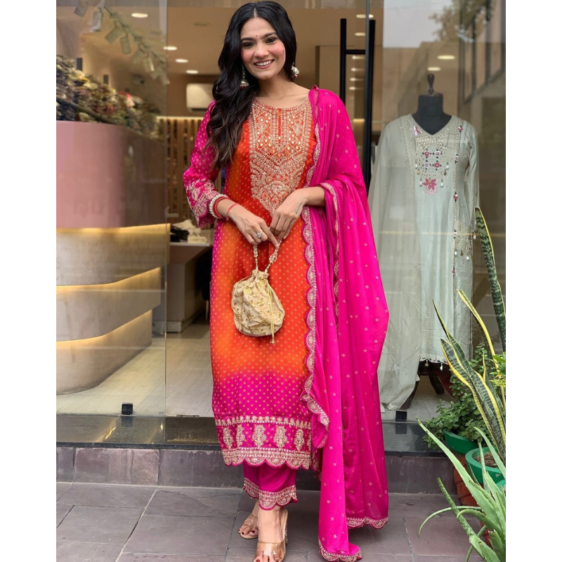 Ombre Pink and Orange Silk Jaipuri Kurta Set
