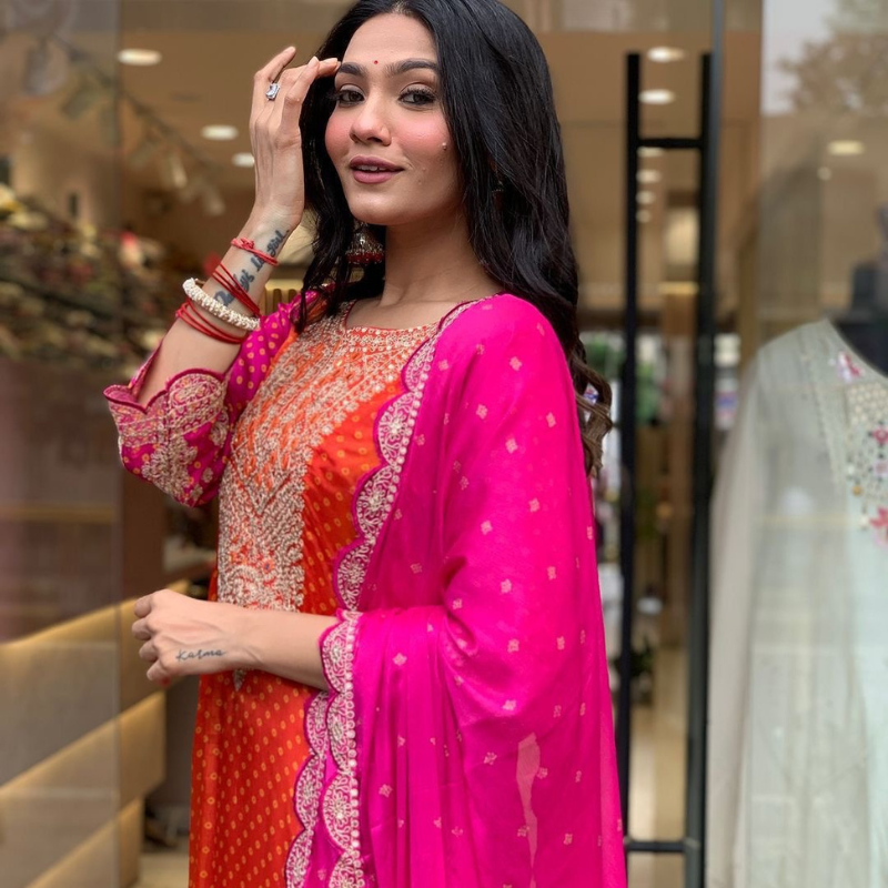 Ombre Pink and Orange Silk Jaipuri Kurta Set