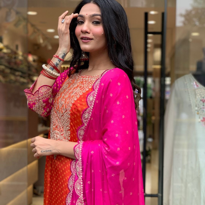 Ombre Pink and Orange Silk Jaipuri Kurta Set