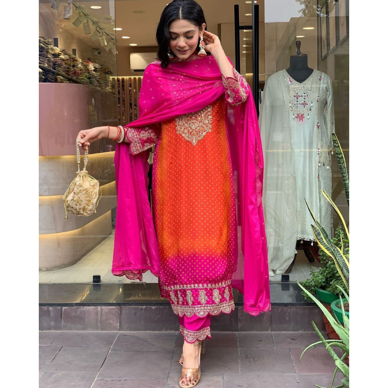 Ombre Pink and Orange Silk Jaipuri Kurta Set