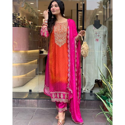 Ombre Pink and Orange Silk Jaipuri Kurta Set
