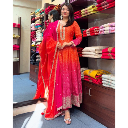 Ombre Pink and Orange Silk Jaipuri Kurta Set