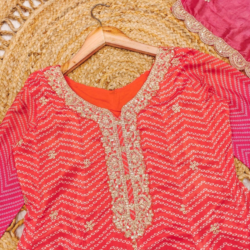 Ombre Pink and Orange Silk Jaipuri Kurta Set