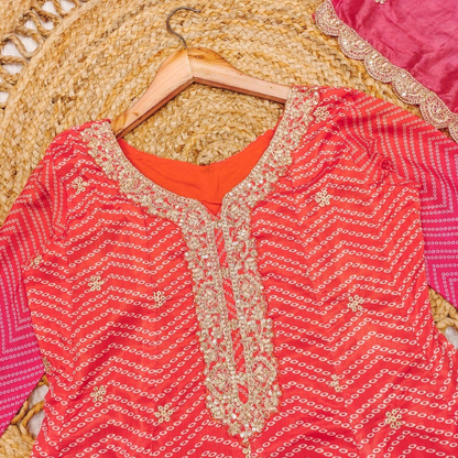 Ombre Pink and Orange Silk Jaipuri Kurta Set
