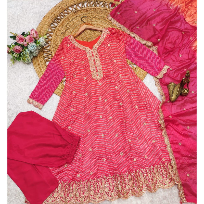 Ombre Pink and Orange Silk Jaipuri Kurta Set