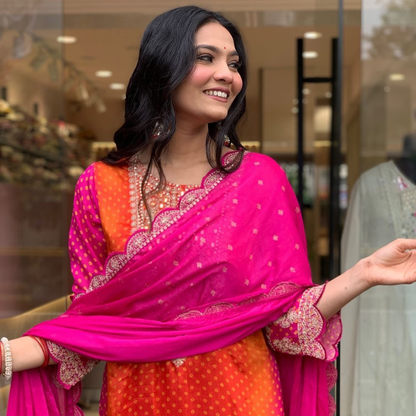 Ombre Pink and Orange Silk Jaipuri Kurta Set