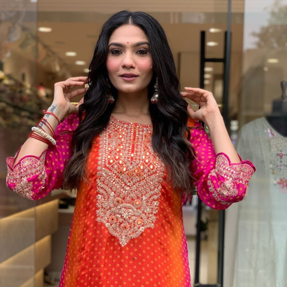 Ombre Pink and Orange Silk Jaipuri Kurta Set