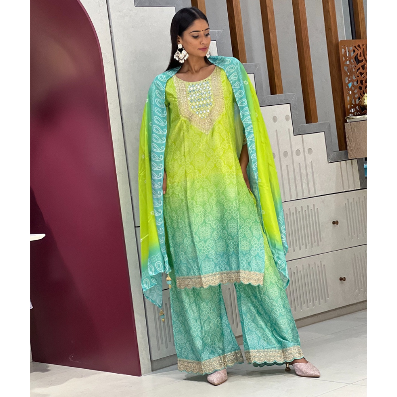 Radiant Aqua Lime Mirror Work Kurta Set