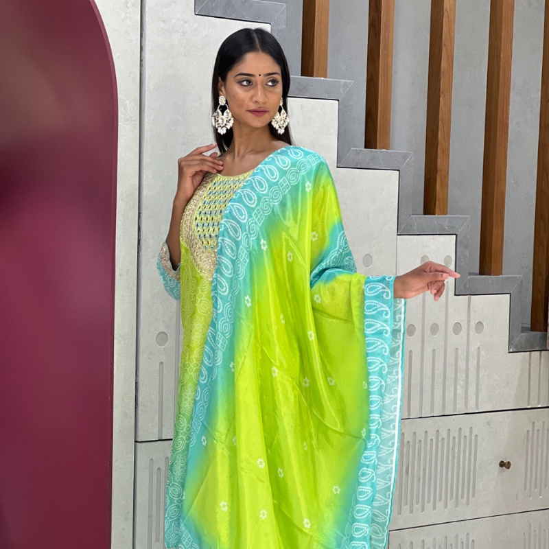 Radiant Aqua Lime Mirror Work Kurta Set