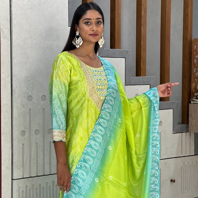 Radiant Aqua Lime Mirror Work Kurta Set