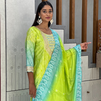 Radiant Aqua Lime Mirror Work Kurta Set