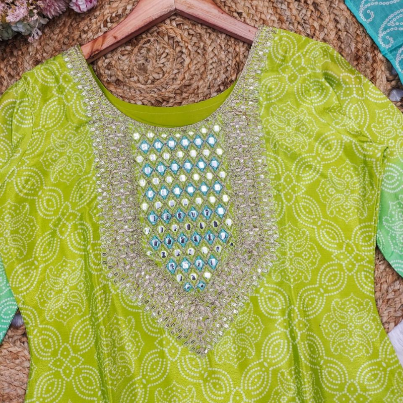 Radiant Aqua Lime Mirror Work Kurta Set