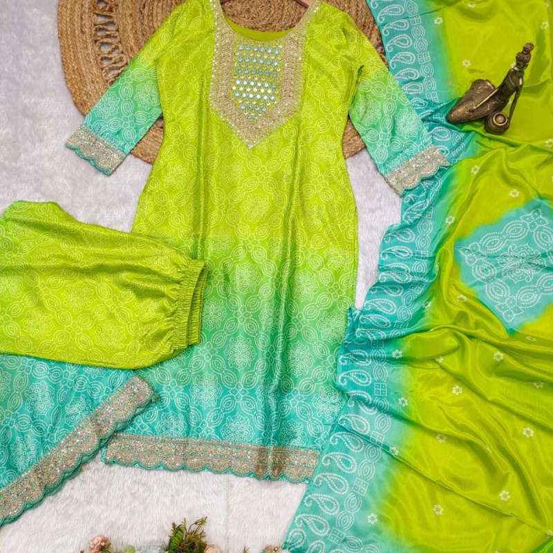Radiant Aqua Lime Mirror Work Kurta Set