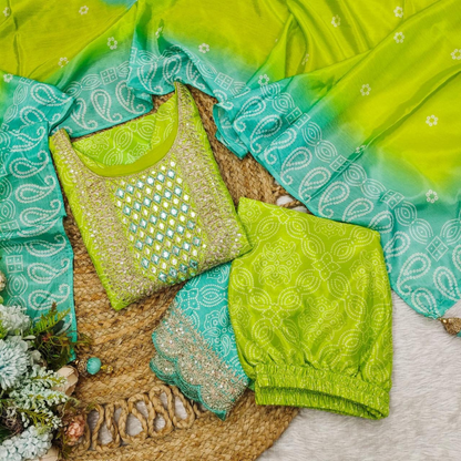 Radiant Aqua Lime Mirror Work Kurta Set