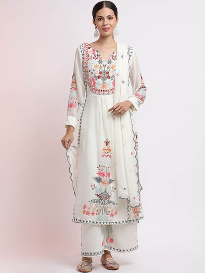 White Embroidered Kurta Set With Dupatta